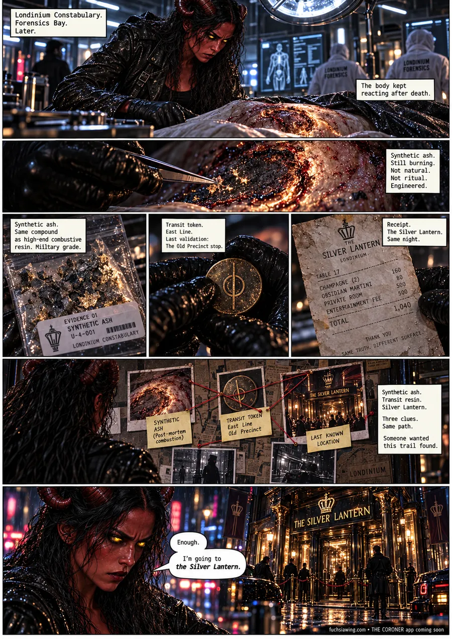 Provisional comic page showing Sable investigating a suspicious death and following evidence toward the Silver Lantern