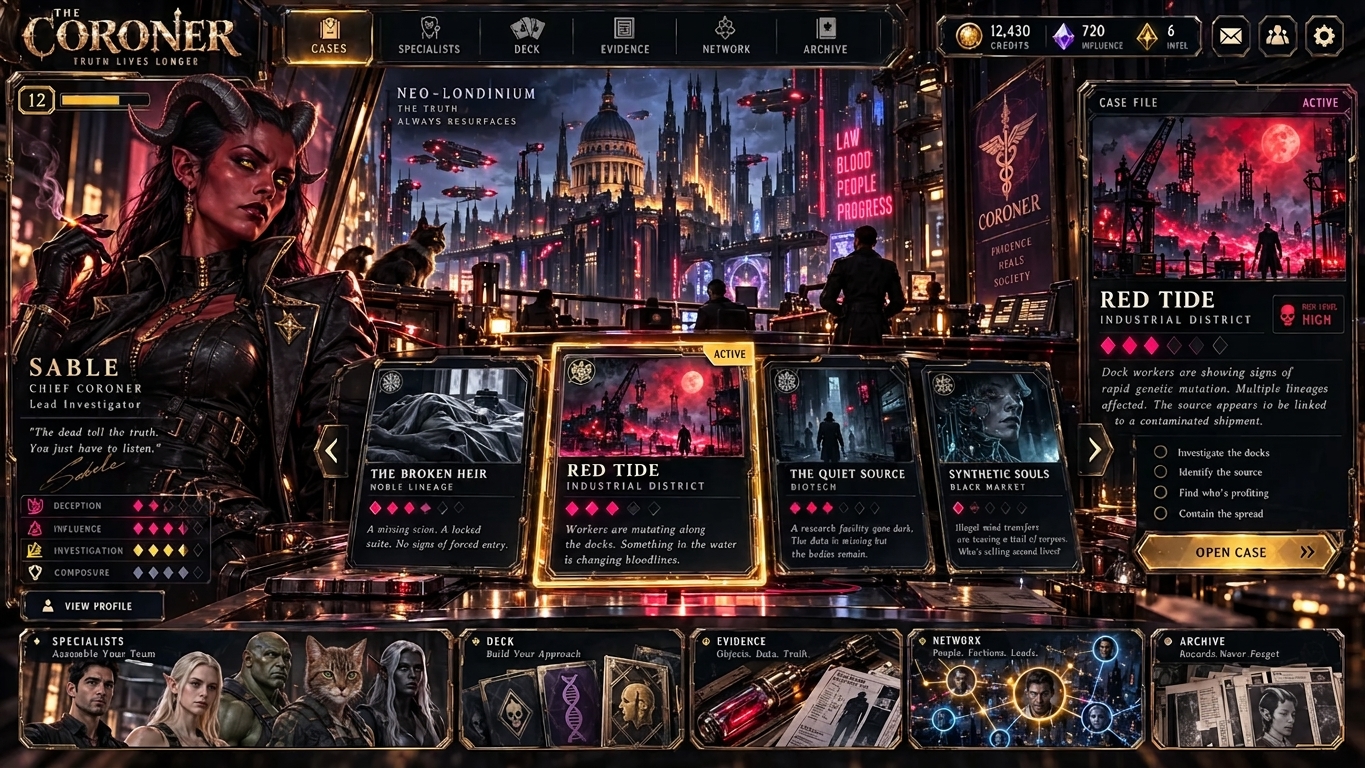 Concept interface for The Coroner showing cases, specialists, evidence and a city investigation