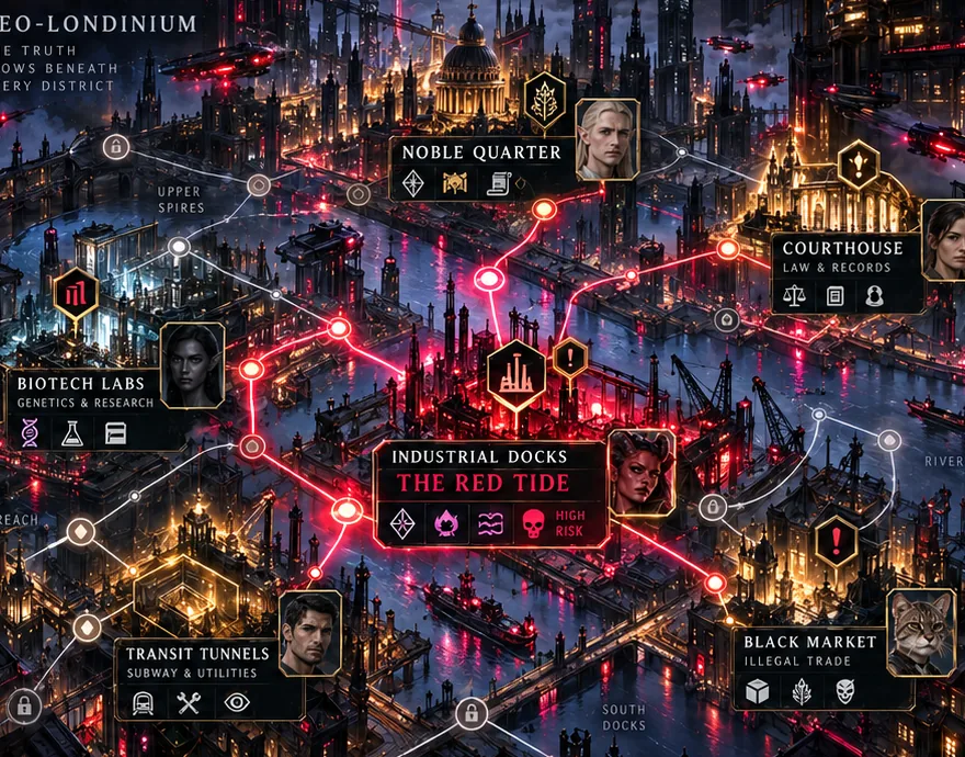 A network of locations, evidence and leads across Neo-Londinium