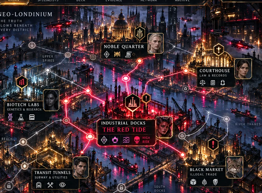 A rain-lit futuristic city map with branching investigative routes