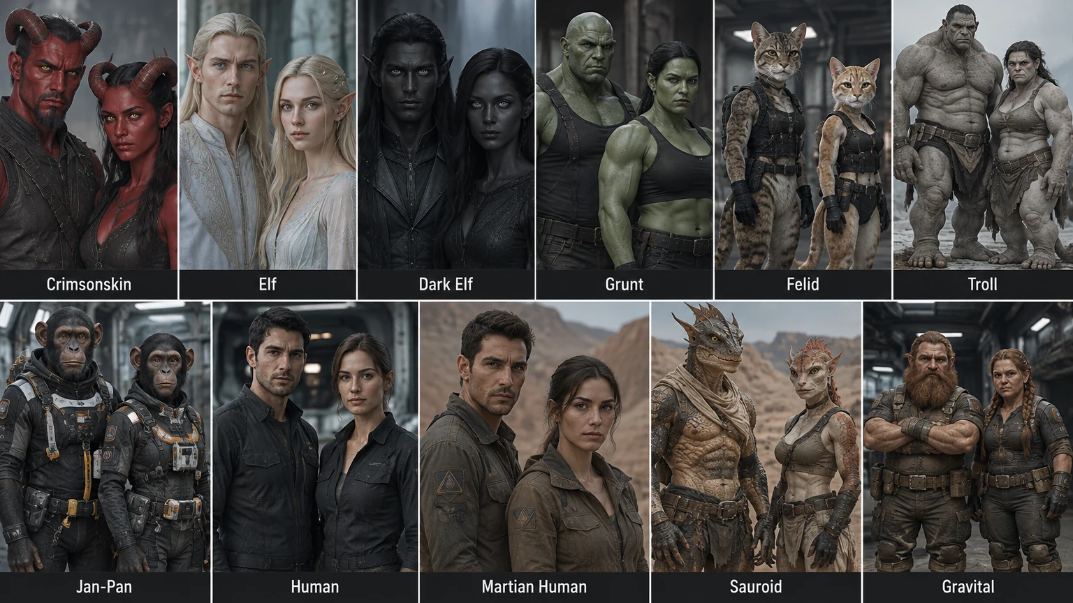 Lineage overview concept showing eleven peoples: Crimsonskin, Elf, Dark Elf, Grunt, Felid, Troll, Jan-Pan, Human, Martian Human, Sauroid and Gravital